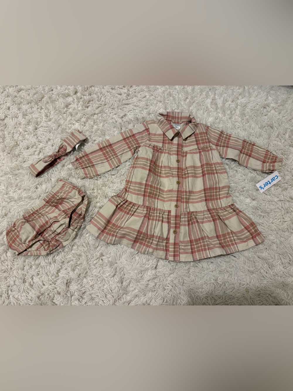 Plaid Button-Front Dress with Headband and Bloomers - Cream & Dusty Rose